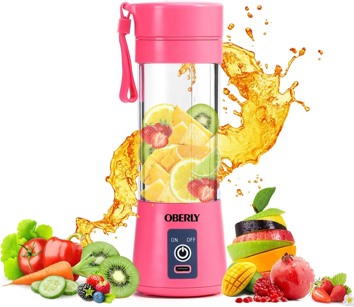 OBERLY Portable Blender, Smoothie Juicer Cup - Six Blades in 3D, 13oz Fruit Mixing Machine with 2000mAh USB Rechargeable Batteries, Ice Tray, Detachable Cup