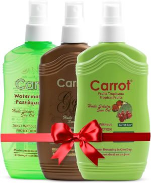 Pack of 3 - Gold, Watermelon & Tropical Fruit Tanning Oil Spray Trio Bundle by CarrotSun 3 X 200ML– 3 Natural Oil Sprays for a Glowing Tan & Nourished Skin
