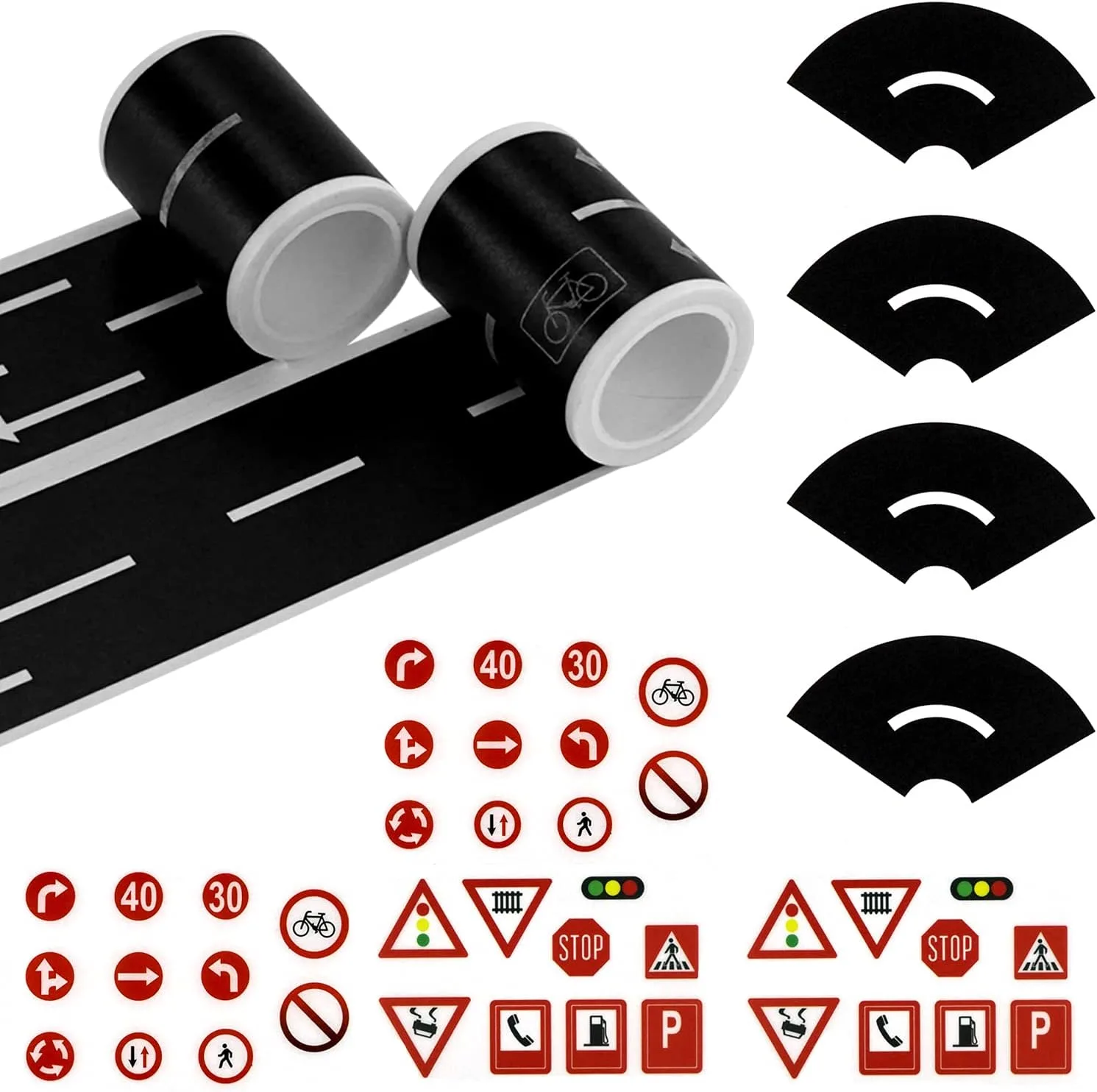 TORMEN Road Sticker Rolls Cars Track and Train Sets Sticker Perfect to Develop Your Kids Imagination and Memory, Play and Gifts for Children Toys (2 Road + 4 Curves + 4 Traffic Signs）