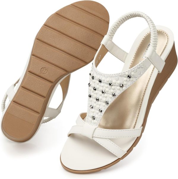 ⁦TEMOFON Wedge Sandals for Women Casual Summer Comfortable Bohemia Beach Sandals Open Toe Mid Heel Rhinestones Platform Shoes Sandal⁩ - الصورة ⁦7⁩