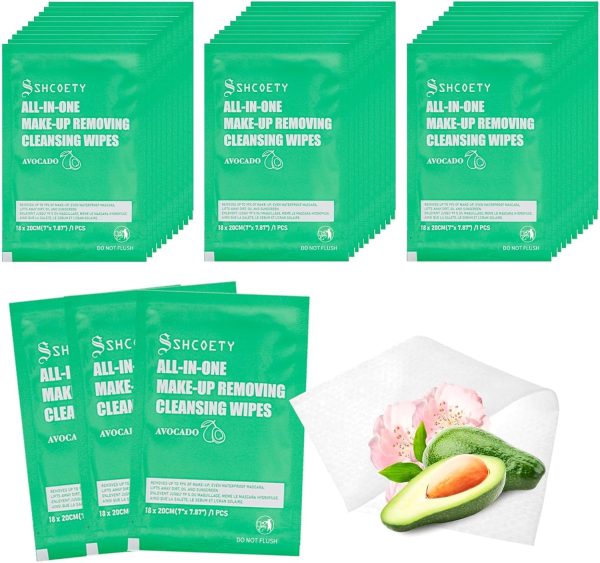 Makeup Remover Wipes for Face, Soft & Gentle Cleansing Wipes Individually Wrapped for Travel, Hotels, Gym, and Bulk Use, Avocado Formula, 50 Packs