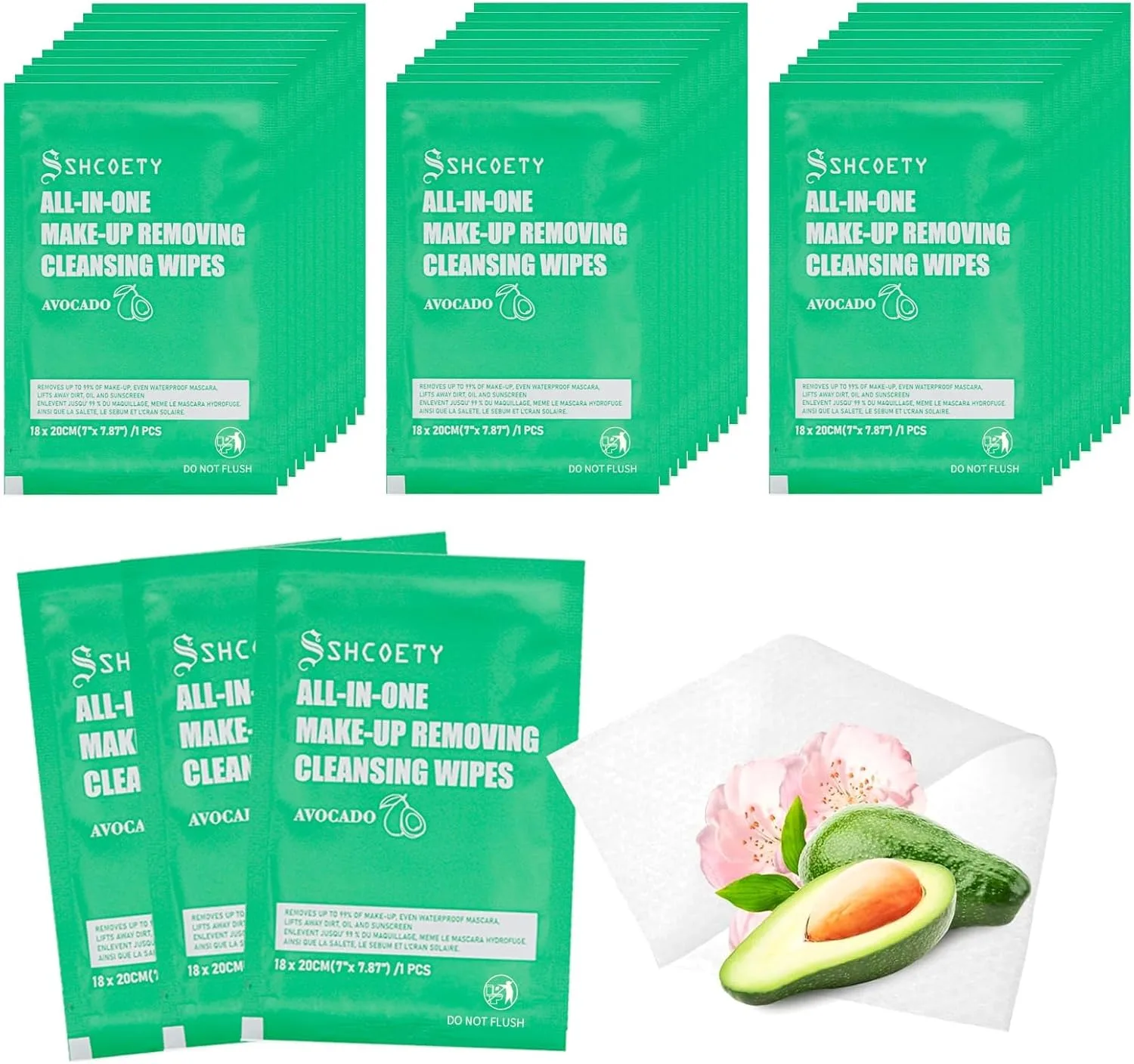 Makeup Remover Wipes for Face, Soft & Gentle Cleansing Wipes Individually Wrapped for Travel, Hotels, Gym, and Bulk Use, Avocado Formula, 50 Packs
