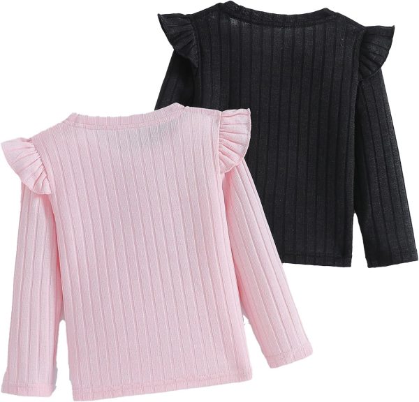 ⁦Xumplo Toddler Girl Long Sleeve Ruffle T-Shirt Children Crew Neck Ribbed Top Blouse Girls 2-Pack Tees Clothes⁩ - الصورة ⁦2⁩