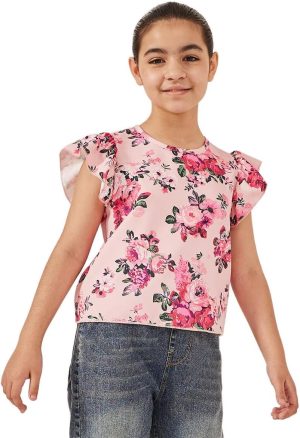 Styli Girls Floral Printed Ruffled Sleeves Top