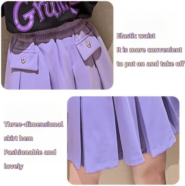 ⁦Girls' Two-Piece Summer Set, Graphic Print T-Shirt with Pleated Purple Skirt, Elastic Waist, Japanese anime pleated skirt, cute casual suit, suitable for 5-14 years old⁩ - الصورة ⁦6⁩