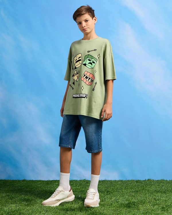 ⁦REDTAG Senior Boys Lime Green Oversize Minecraft T-Shirt⁩ - الصورة ⁦2⁩