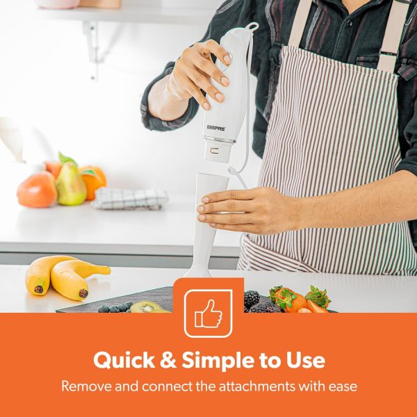 ⁦Geepas 200W Hand Blender Food Collection Immersion Ideal For Smoothies, Shakes, Baby Food, Soup, Grinding Ingredients, Vegetables & Fruits, White/Grey GHB5467⁩ - الصورة ⁦5⁩