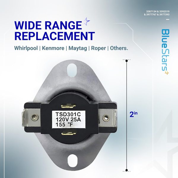 ⁦BlueStars [LIFETIME WARRANTY] 3387134 Cycling Thermostat 3392519 Dryer Thermal Fuse 3977393 Thermal Cut-off Switch 3977767 High-limit Thermostat Kit - Compatible with Whirlpool Kenmore Maytag Dryers⁩ - الصورة ⁦2⁩