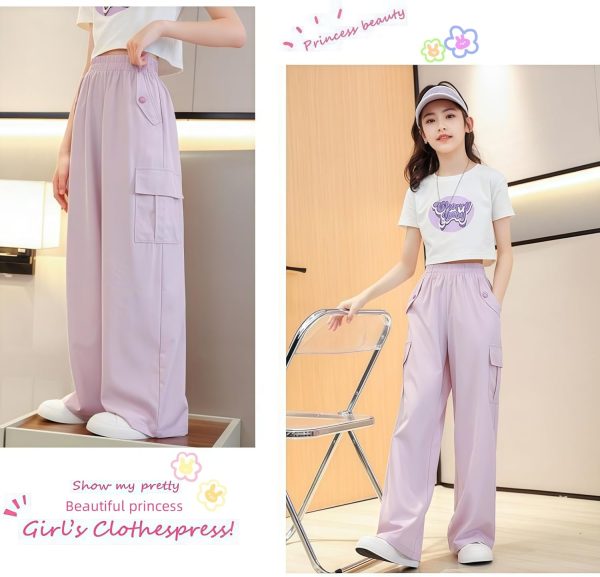 ⁦Girls' summer two-piece set, short short-sleeved top and wide-leg work pants, pinkish-purple and white, cool fabric, cute girl printed wide T-shirt + wide-leg pants, 5-16Y⁩ - الصورة ⁦3⁩
