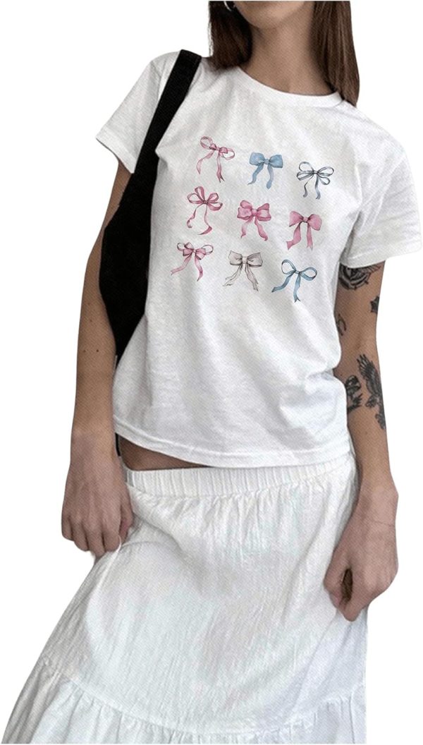 GORGLITTER Women's Graphic Bowknot Print Crewneck T Shirts Short Sleeve Cute Summer Top White S