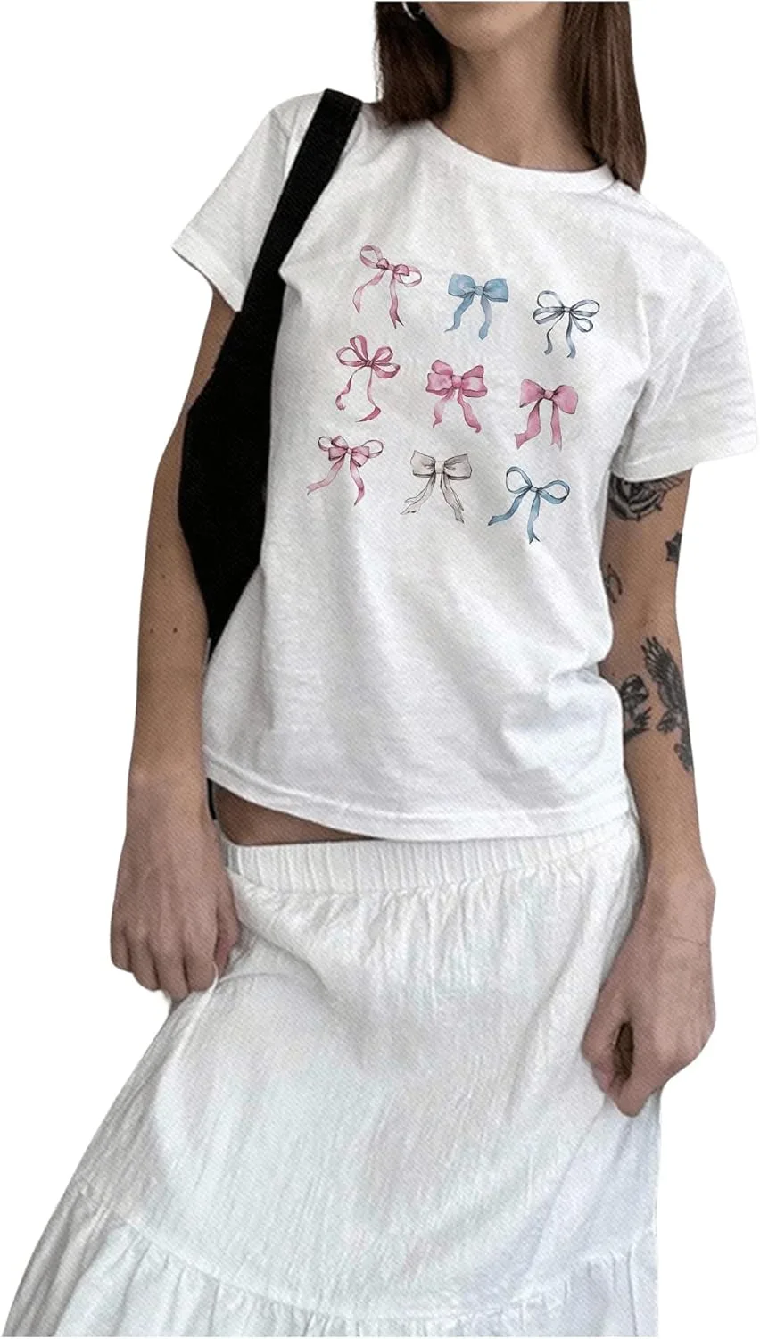 GORGLITTER Women's Graphic Bowknot Print Crewneck T Shirts Short Sleeve Cute Summer Top White S