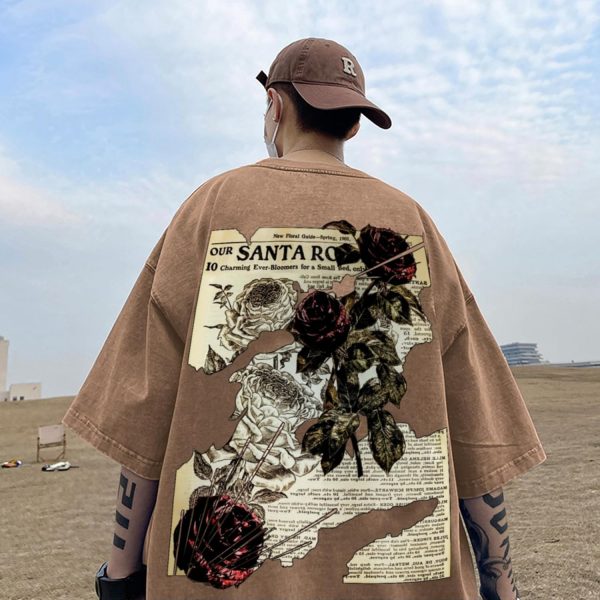 ⁦Lubpow Mens Acid Wash Tshirt Oversized Vintage Graphic T-Shirts Cool Grunge Rose Floral Shirt Trendy Y2K Streetwear Tee Tops⁩ - الصورة ⁦5⁩