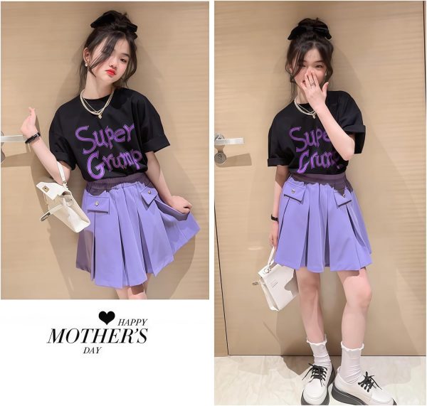 ⁦Girls' Two-Piece Summer Set, Graphic Print T-Shirt with Pleated Purple Skirt, Elastic Waist, Japanese anime pleated skirt, cute casual suit, suitable for 5-14 years old⁩ - الصورة ⁦8⁩