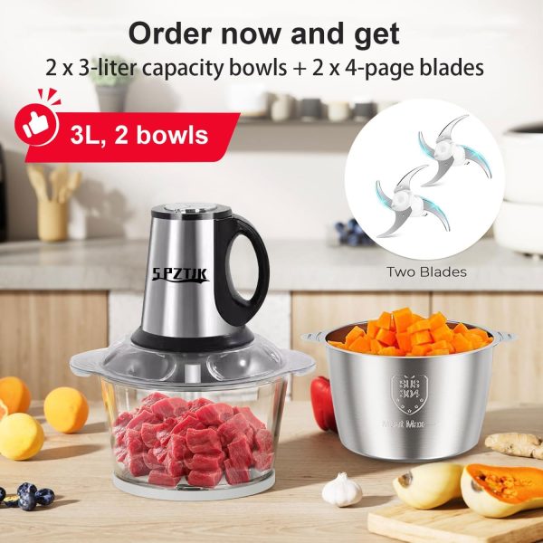 ⁦12 Cup Food Processor with 2 Bowls + 2 Blades, 3 Speed Electric Food Chopper 3L Meat Grinder with Stainless Steel & PC Bowls，Powerful Small Vegetable Chopper, for Fruits/Meat/Nuts,Baby Food⁩ - الصورة ⁦2⁩