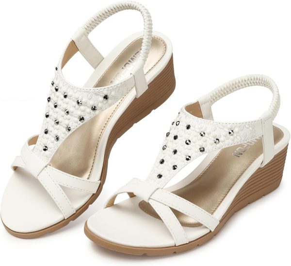 ⁦TEMOFON Wedge Sandals for Women Casual Summer Comfortable Bohemia Beach Sandals Open Toe Mid Heel Rhinestones Platform Shoes Sandal⁩ - الصورة ⁦4⁩