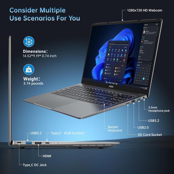 ⁦AOC 16.1 Laptop Computer AMD Ryzen 7 5700U (8C/16T, Up to 4.3GHz) Radeon RX Vega 8 Graphics Laptop 16GB RAM 512GB NVMe SSD, Windows 11 Pro, FHD Display, WiFi 6, 53Wh Battery, HDMI, Webcam, Backlit KB⁩ - الصورة ⁦5⁩