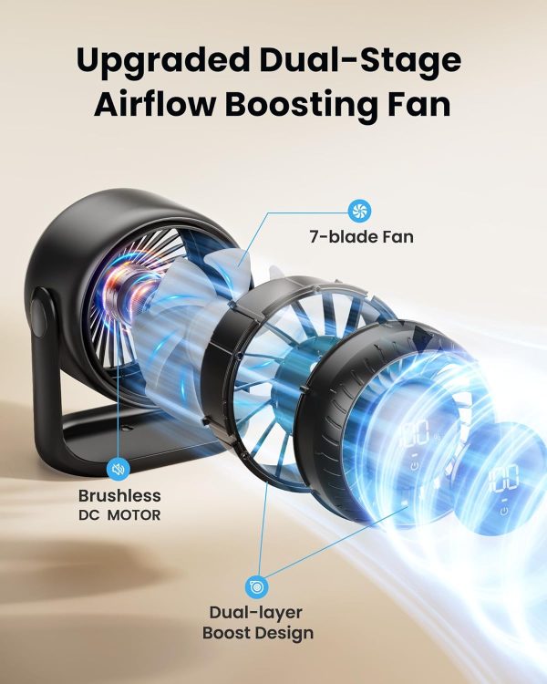 ⁦Gaiatop Desk Fan for Bedroom, Ultra Quiet Table Battery Powered Fan 7.7 Inch, Touch Control 4000mAh, Strong Airflow 5 Speeds Rechargeable Desktop for Office Bedside Dorm Home, Gift for Women Men Black⁩ - الصورة ⁦3⁩