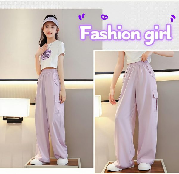 ⁦Girls' summer two-piece set, short short-sleeved top and wide-leg work pants, pinkish-purple and white, cool fabric, cute girl printed wide T-shirt + wide-leg pants, 5-16Y⁩ - الصورة ⁦9⁩