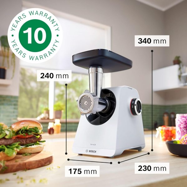 ⁦Bosch, MultiPower Series 4 Meat Grinder Powerful 1900 Watt Motor Meat Grinder Sausage Topper, White, MFWS420W⁩ - الصورة ⁦3⁩