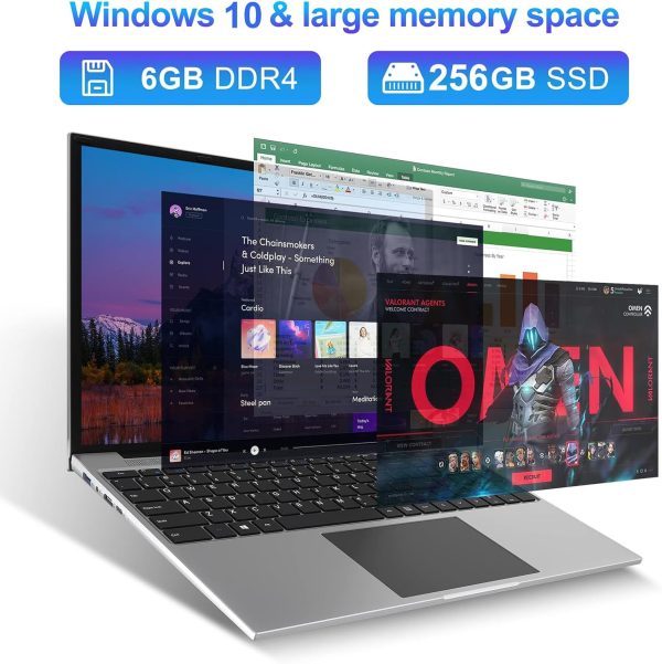 ⁦16" Laptop, Dual-Core Intel Celeron N4000 CPU, 6GB DDR4L RAM 256GB SSD, FHD IPS Screen, Windows 10 Laptop Computer with Stereo Speakers, Webcam, Dual Band-WiFi, BT4.2⁩ - الصورة ⁦4⁩