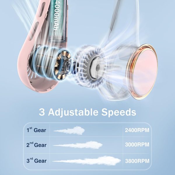 ⁦GULAKI Neck fan, Portable Fan with 5-17H Lifespan, 4000mAh Neck fan air conditioner with 3 Adjustable Speeds and 64 Cool Lights, Nice Rechargeable Fan, Hands-Free Cooling fan for Summer (Pink)⁩ - الصورة ⁦5⁩