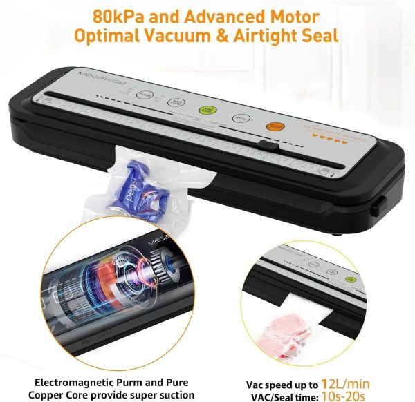 ⁦MEGAWISE 2023 Updated Vacuum Sealer Machine, Food Sealer w/Starter Kit, Dry & Moist Food Modes, Compact Design with 10 Vacuum Bags & Bulit-in Cutter(Grey)⁩ - الصورة ⁦2⁩
