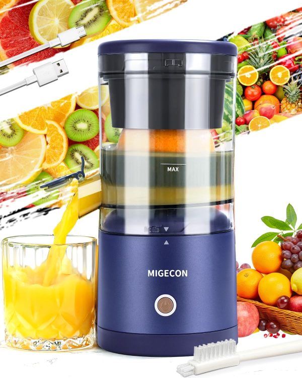 Migecon Electric Juicer Rechargeable - Citrus Juicer Machine with USB and Portable Juicer, Anti-Drip Function Juicer for Orange, Lemon, Grapefruit, Include Cleaning Brush (Dark Blue)