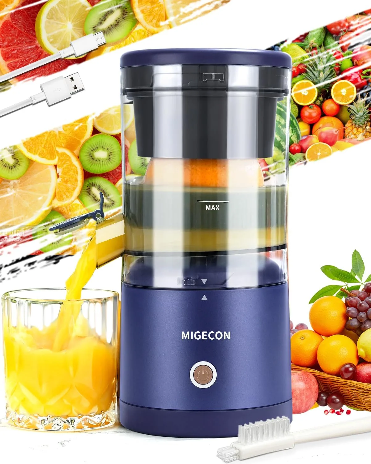 Migecon Electric Juicer Rechargeable - Citrus Juicer Machine with USB and Portable Juicer, Anti-Drip Function Juicer for Orange, Lemon, Grapefruit, Include Cleaning Brush (Dark Blue)