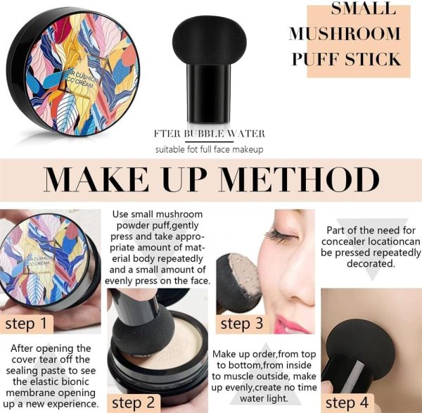 ⁦Azonee Air Cushion CC Cream, New Mushroom Head Air Cushion Long-Lasting Matte Waterproof Moisturizing Concealer Beauty (Natural color)⁩ - الصورة ⁦7⁩