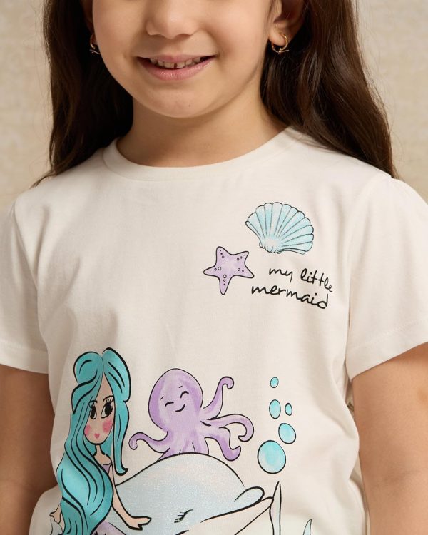 ⁦REDTAG Girls Ivory Mermaid Placement Print T-Shirt⁩ - الصورة ⁦4⁩