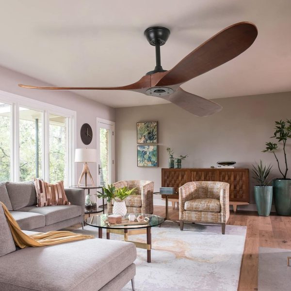 ⁦LIWEGHT 52inch Modern Ceiling Fan with Remote,Indoor/Outdoor Ceiling Fan,3 Walnut Wood Blades, Noiseless Reversible DC Motor,6-Speed for Patio,Bedroom,Living Room,No Light⁩ - الصورة ⁦4⁩