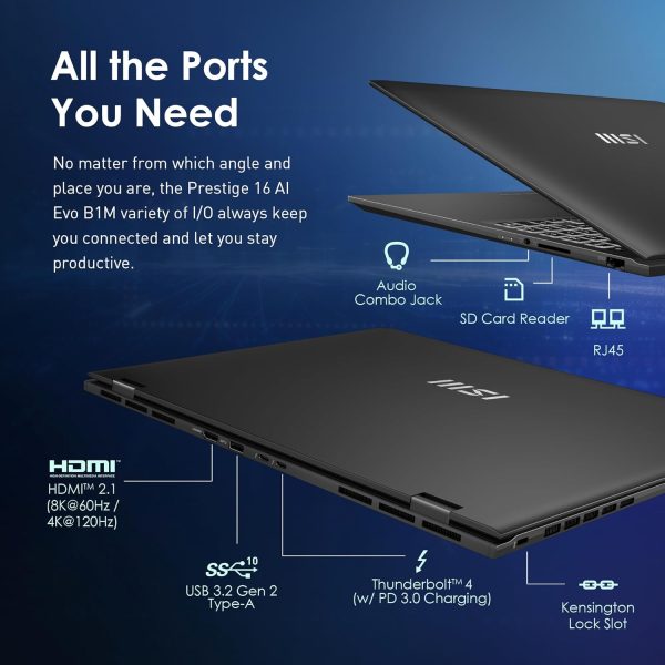⁦MSI Prestige 16 AI Evo Laptop: Intel Ultra 7-155H, 16" UHD+ OLED Display, 32GB DDR5, 2TB NVMe SSD, HDMI, SD Card Reader, Win 11 Pro: Stellar Gray B1MG-020US⁩ - الصورة ⁦6⁩
