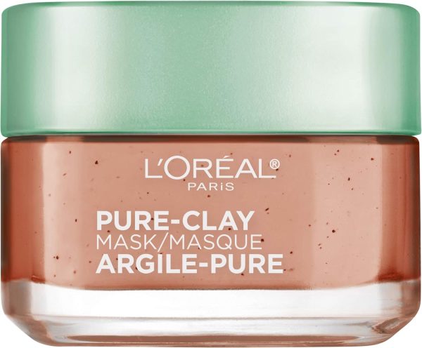 Clay Facial Mask, L'Oreal Paris Skincare Pure Clay Face Mask with Red Algae for Clogged Pores to Exfoliate And Refine Pores, Charcoal Face Wash, Exfoliating Cleanser, at home face mask, 1.7 oz.