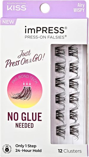 imPRESS KISS False Eyelashes, Lash Clusters, Falsies, Airy Wispy', 12mm-14mm, Includes 12 pieces of pre-bonded lashes, Contact Lens Friendly, Easy to Apply, Reusable Strip Lashes