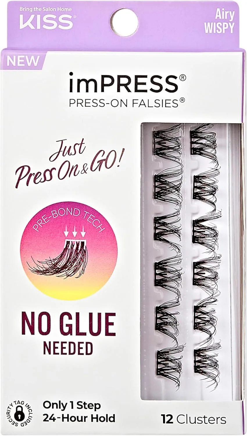 imPRESS KISS False Eyelashes, Lash Clusters, Falsies, Airy Wispy', 12mm-14mm, Includes 12 pieces of pre-bonded lashes, Contact Lens Friendly, Easy to Apply, Reusable Strip Lashes