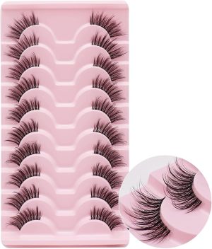 Aputue False Eyelashes, Man-Made Fiber Fluffy Lashes Wispy, 10 Pairs Fluffy Natural Look Cat Eye Lashes, Portable Eye Lashes, 3D Soft False Lashes for Women’s Makeup Styling