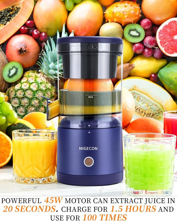⁦Migecon Electric Juicer Rechargeable - Citrus Juicer Machine with USB and Portable Juicer, Anti-Drip Function Juicer for Orange, Lemon, Grapefruit, Include Cleaning Brush (Dark Blue)⁩ - الصورة ⁦2⁩