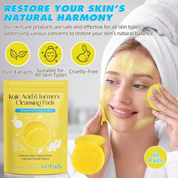 ⁦Kojic Acid & Turmeric Cleansing Pads – Brighten & Even Skin Tone with Kojic & Turmeric Extracts – Natural Face Exfoliating Pads for Radiant, Smooth Skin 60pcs⁩ - الصورة ⁦5⁩