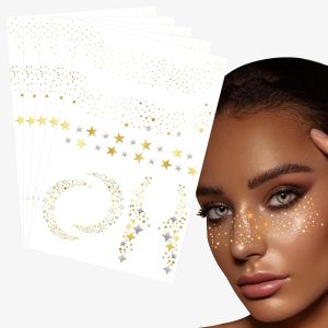 Glitter Freckles Face Stickers, Glitter Freckles, Gold Faces Makeup Patches, Sparkle Makeup Patches, Waterproof Face Glitters Speckles Stickers for Women, Metallic Gold Silver Temporary Stickerss 5Pcs