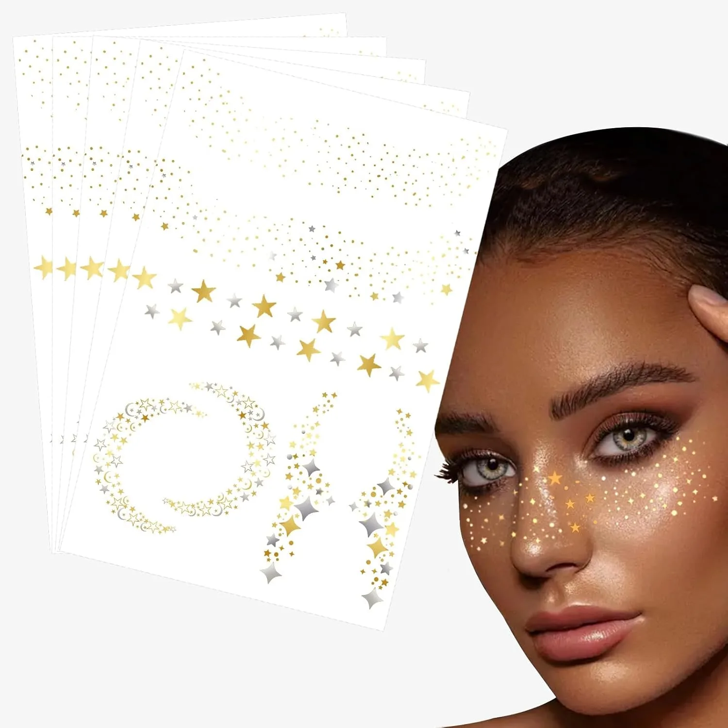 Glitter Freckles Face Stickers, Glitter Freckles, Gold Faces Makeup Patches, Sparkle Makeup Patches, Waterproof Face Glitters Speckles Stickers for Women, Metallic Gold Silver Temporary Stickerss 5Pcs