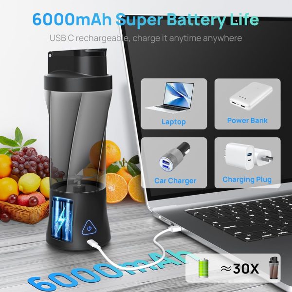 ⁦360W Portable Blender Cordless, 22oz Personal for Smoothies and Shakes, Mini Blender Bottle with 6000mah Battery, BPA Free, 22000rpm Small Travel Cup for Home, Kitchen, Gym⁩ - الصورة ⁦4⁩