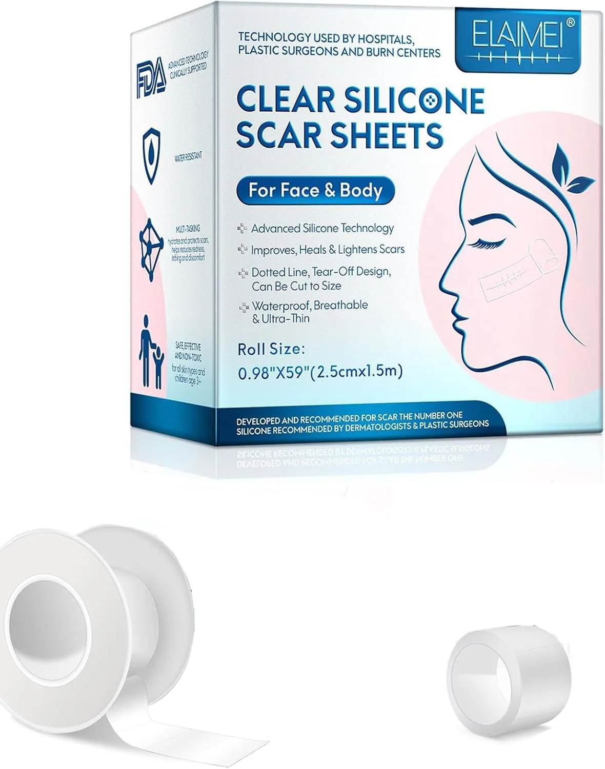 ALMEKAQUZ Silicone Scar Sheet, Scar Tape Roll (2.5CM*1.5M), Scars Hidder Strips, Professional Scar Removal Sheet for C-section, Surgery, Burns, Keloid, Acne