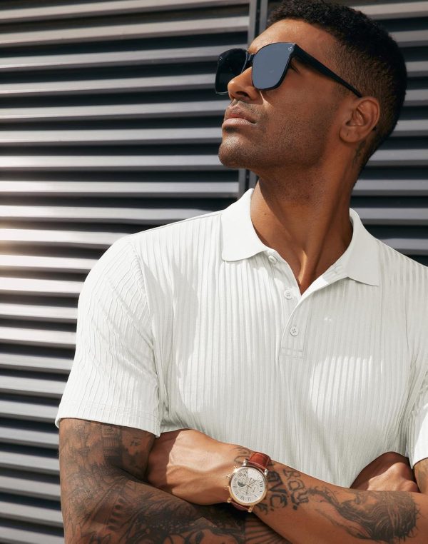 ⁦PJ PAUL JONES Mens Texture Polo Shirts Casual Wrinkle Free Elasticity Short Sleeve Knit Golf Shirt Tops⁩ - الصورة ⁦4⁩