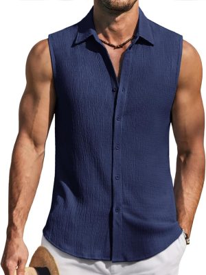 COOFANDY Men's Sleeveless Button Up Shirts Knit Summer Tank Top Casual Beach Tank Shirt Textured Tops