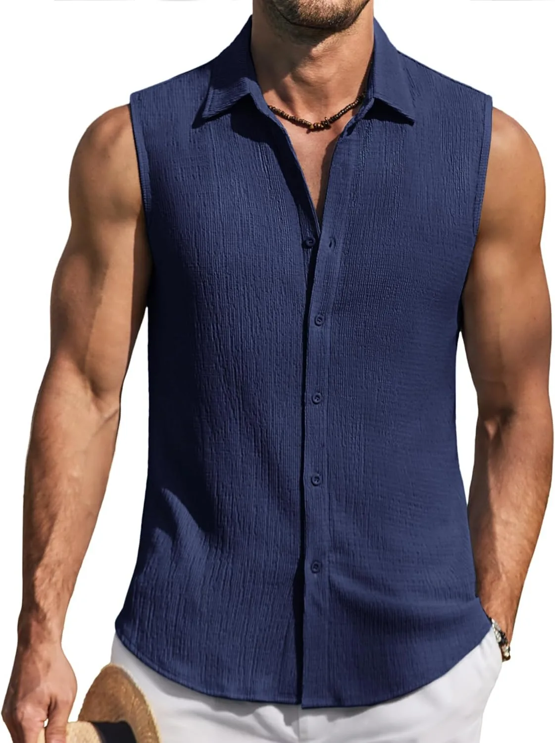 COOFANDY Men's Sleeveless Button Up Shirts Knit Summer Tank Top Casual Beach Tank Shirt Textured Tops