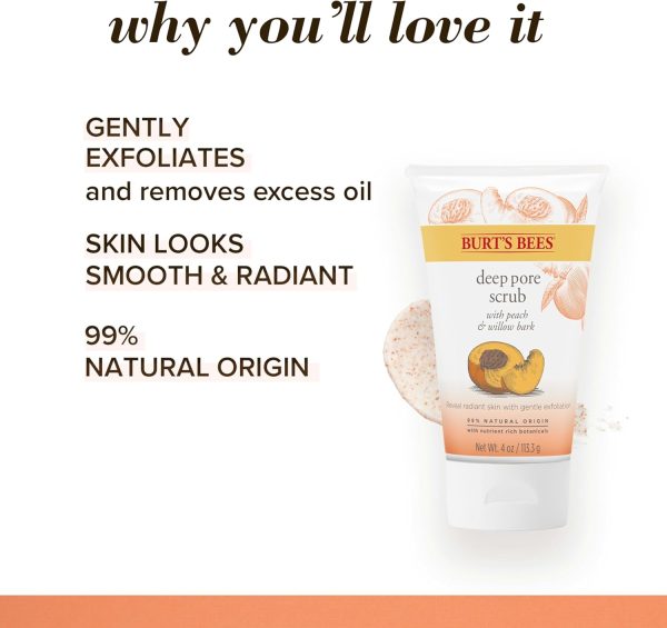 ⁦Burt's Bees Peach and Willow Bark Deep Pore Exfoliating Facial Scrub, 4 Oz (Package May Vary)⁩ - الصورة ⁦3⁩