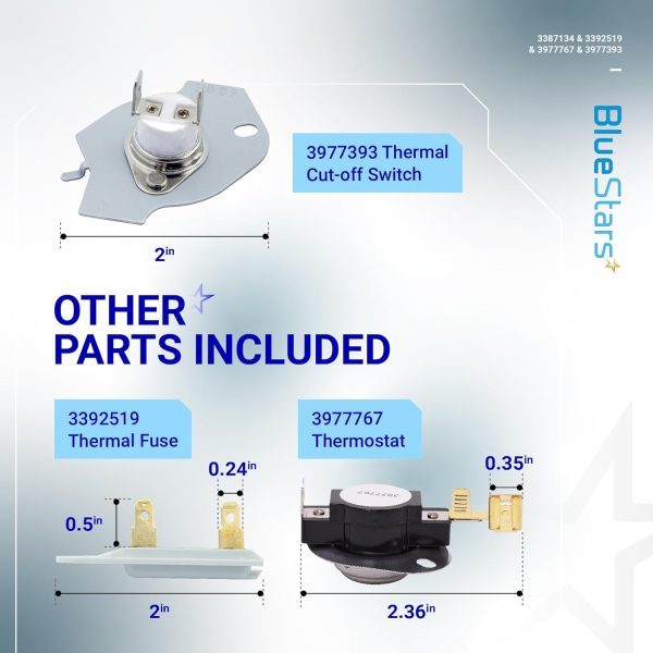 ⁦BlueStars [LIFETIME WARRANTY] 3387134 Cycling Thermostat 3392519 Dryer Thermal Fuse 3977393 Thermal Cut-off Switch 3977767 High-limit Thermostat Kit - Compatible with Whirlpool Kenmore Maytag Dryers⁩ - الصورة ⁦3⁩
