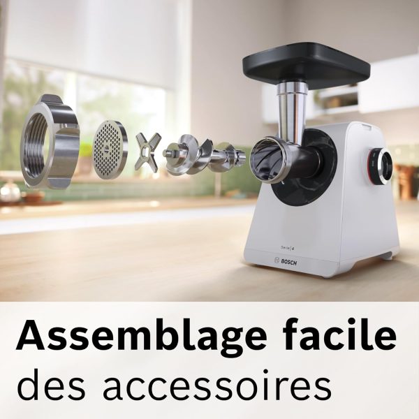 ⁦Bosch, MultiPower Series 4 Meat Grinder Powerful 1900 Watt Motor Meat Grinder Sausage Topper, White, MFWS420W⁩ - الصورة ⁦6⁩