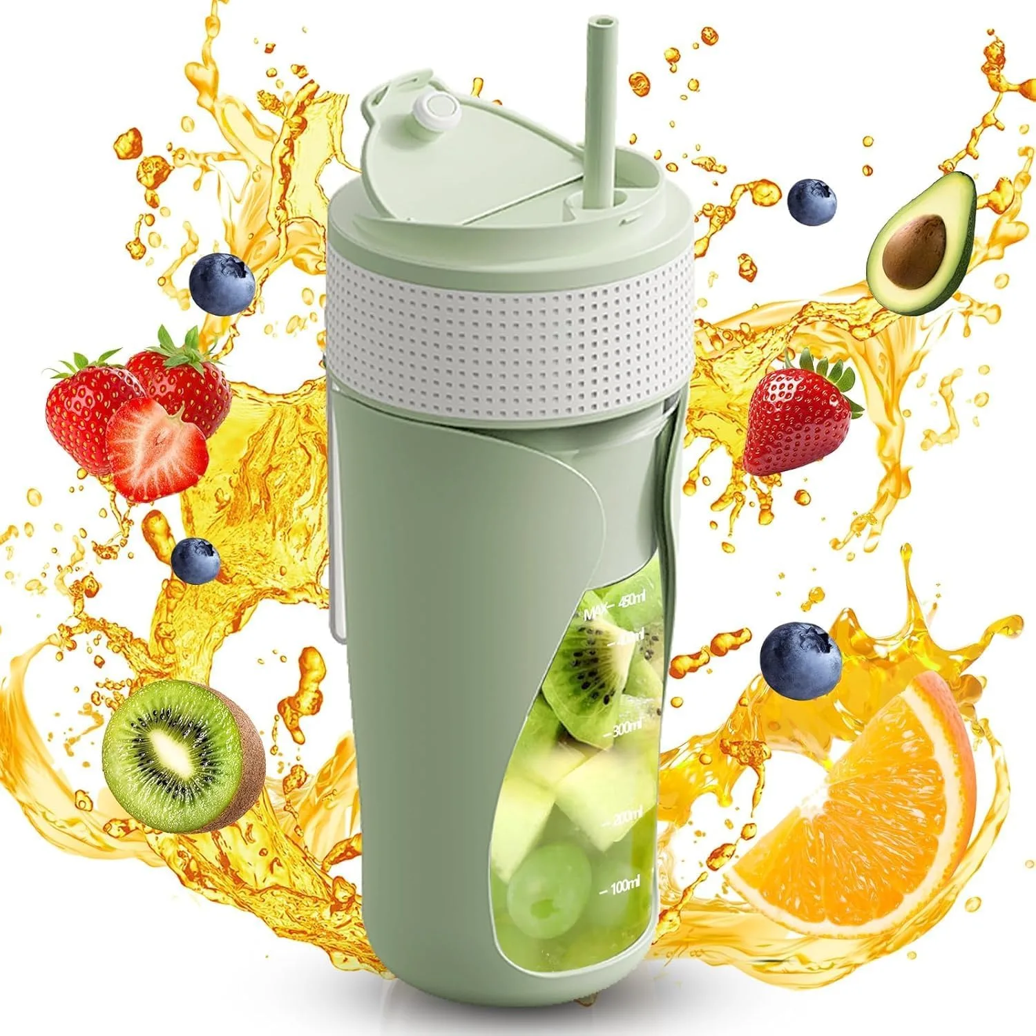 LeQQ Portable Blender Cup- 450ml Multi-Function Blender with Ice-Crushing,Strong Cutting Power with 6 Blades, USB Rechargeable,Fruit Veggie Juicer Cup for Home, Sport, Office, Camping (Green)