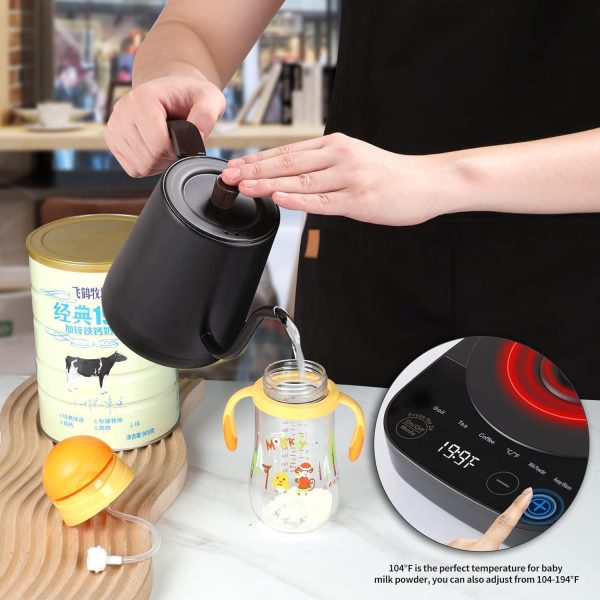 ⁦TRASSLE Electric Gooseneck Kettle,Pour-Over Coffee and Tea Kettle Wood Handle, Quick Heating, Precise Temperature Control,Stainless Steel Inner Lid & Bottom, 1000W/0.8L(Black)⁩ - الصورة ⁦3⁩